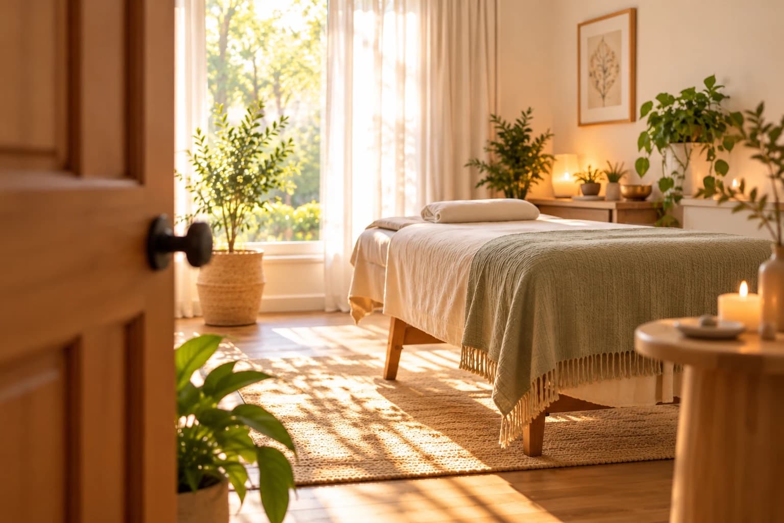 A wooden door opening onto a sunlit healing room with a made-up table, a sage green blanket, plants and candles