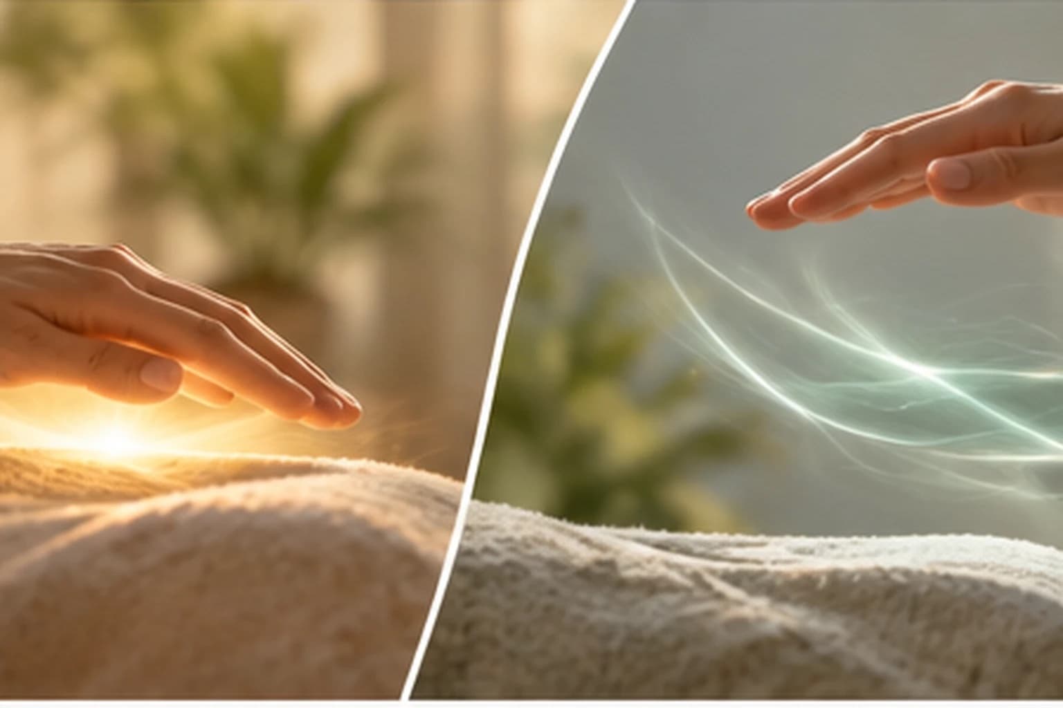 A hand resting close to a blanket in warm light beside a hand hovering above it with soft flowing lines