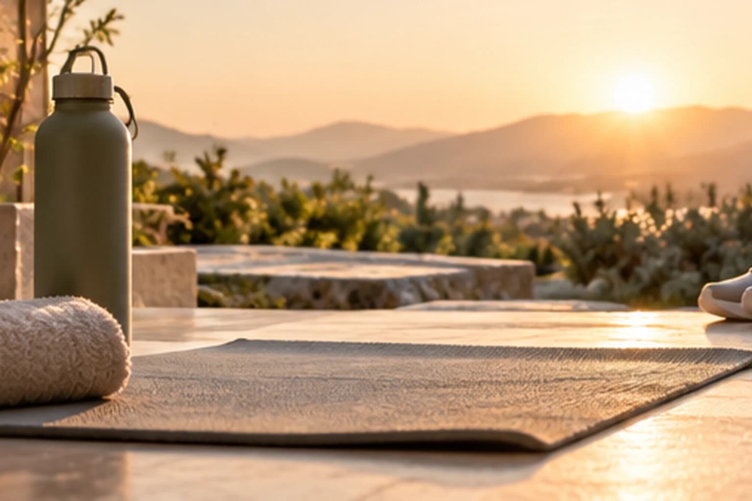 A yoga mat, a rolled towel and a water bottle resting on a terrace at sunset