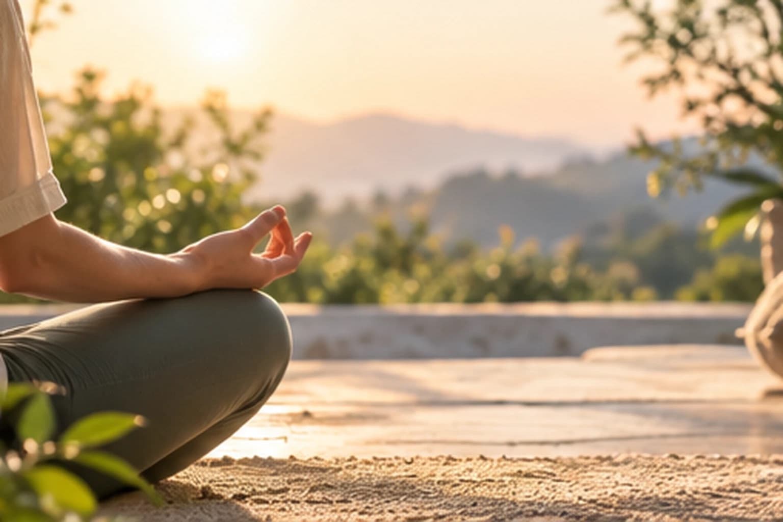 Someone seen from the side meditating cross-legged on a terrace with one hand resting on a knee in soft evening light