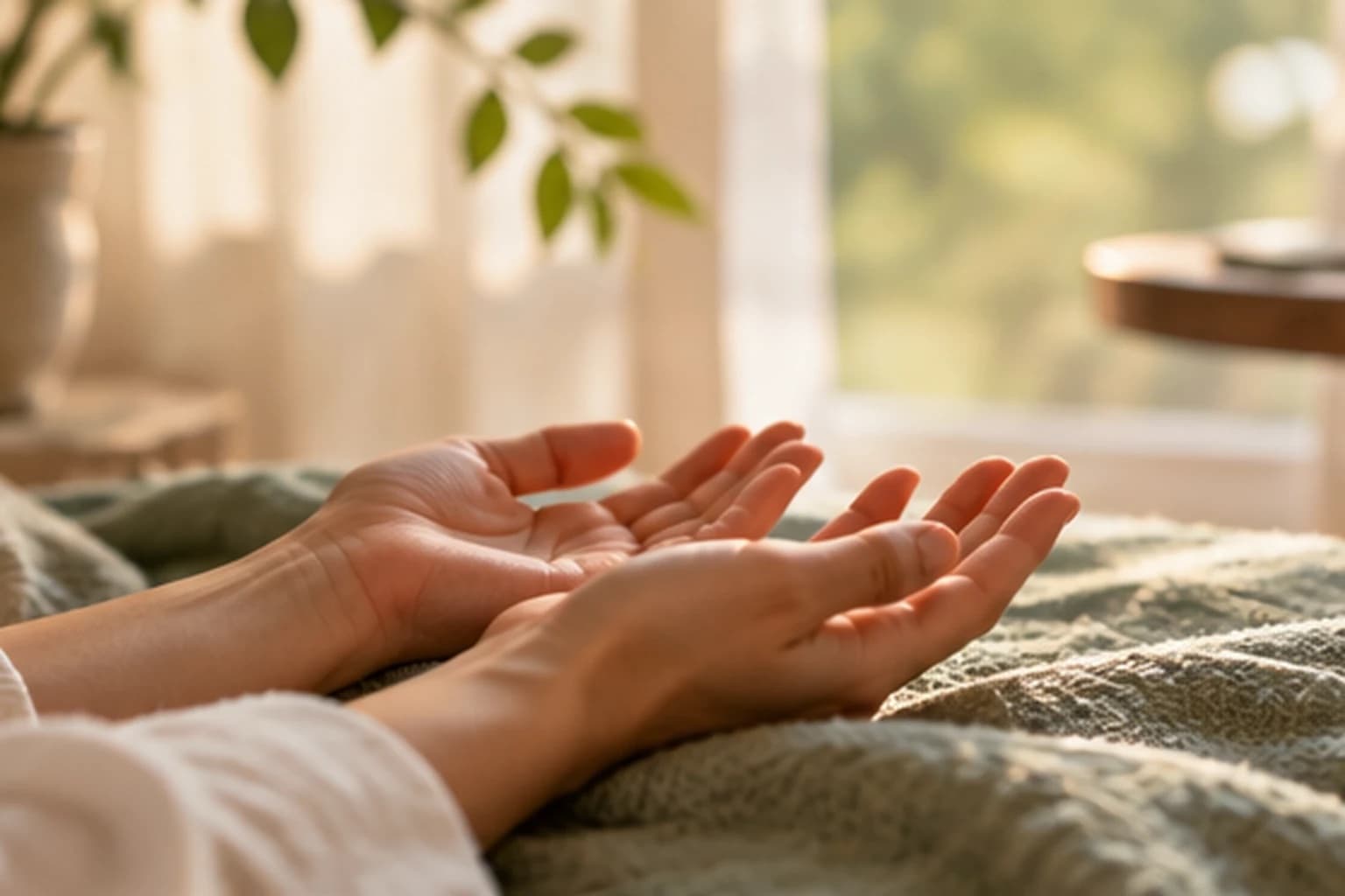 Two open hands resting palms up on a soft green blanket in warm window light
