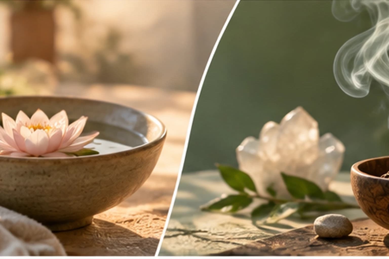 A lotus flower floating in a stone bowl beside a clear crystal, a smooth stone and rising smoke